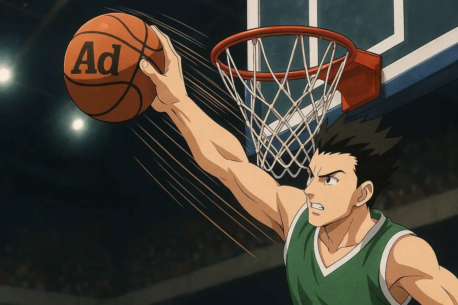 a menacing anime character blocking a basketball with the word Ad on it