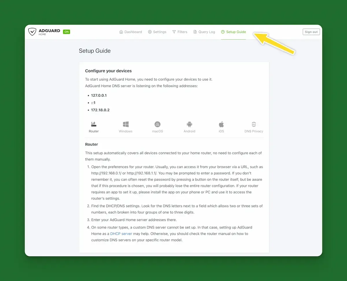 picture of the adguard setup guide with a yellow arrow pointing to setup guide in the navigation