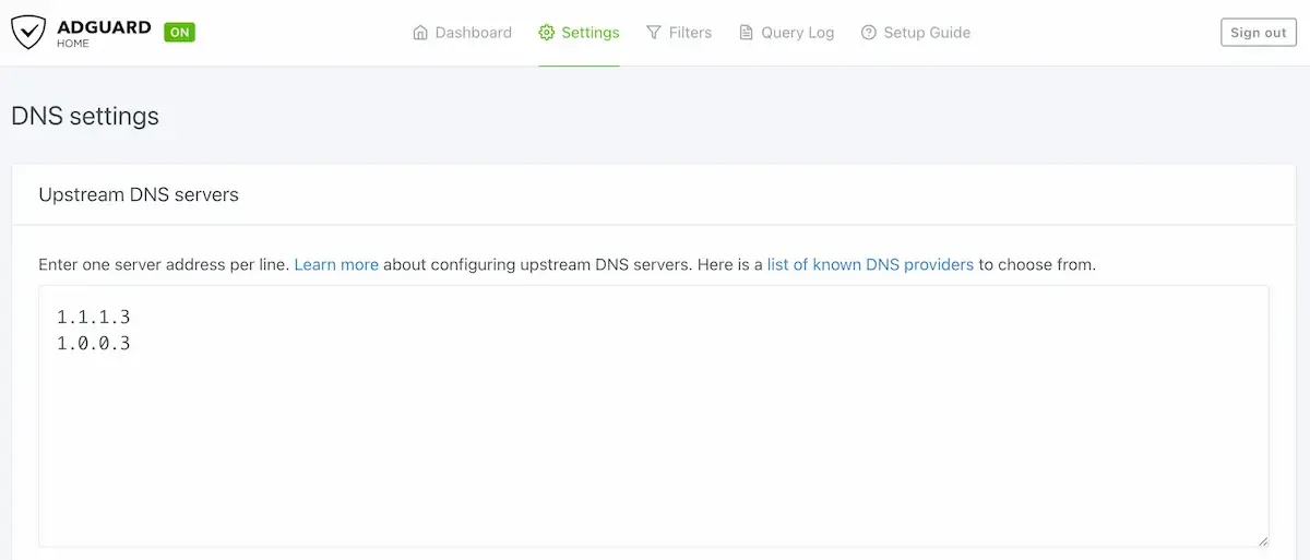 screenshot of the adguard dns settings page