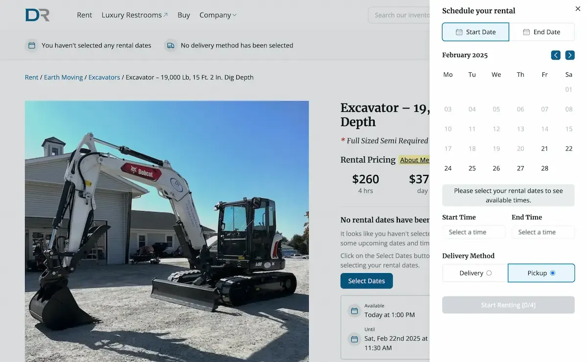 screenshot of the excavator page with the datepicker slid open on the dutch rentalz website