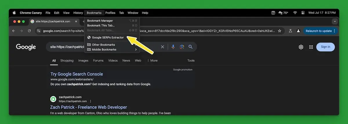 Screenshot of Google search results with a yellow arrow pointing to a bookmarklet from the Booksmarks dropdown list