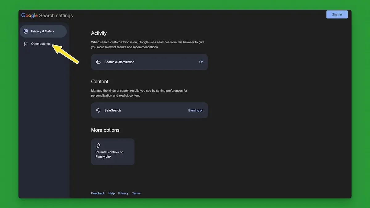 A screenshot of Google.com's settings page with a yellow arrow pointing to Other Settings