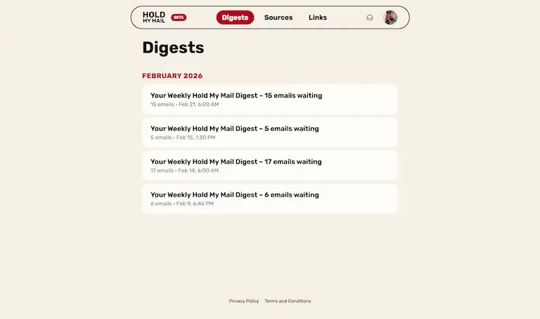Screenshot of Hold My Link digests listings