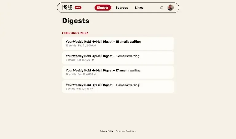 Screenshot of the digest listings