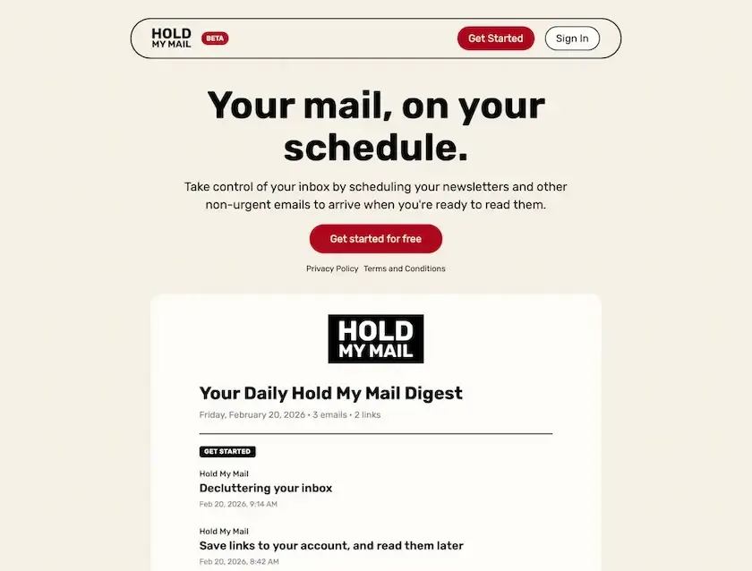 Screenshot of the Hold My Mail landing page