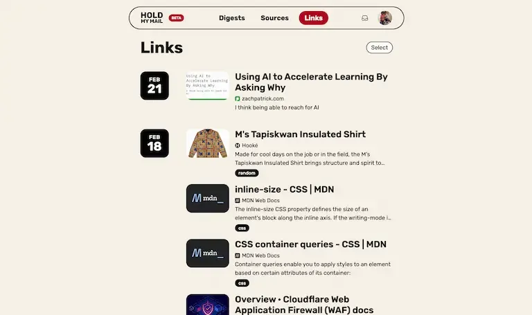 Screenshot of the Hold My Mail link listings