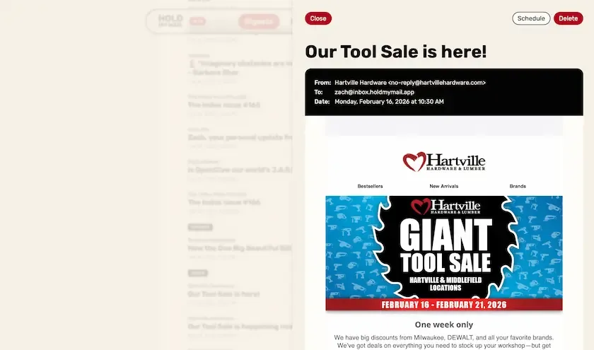 Screenshot of a single email in Hold My Mail