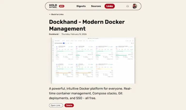 Screenshot of a single link listing page on Hold My Mail