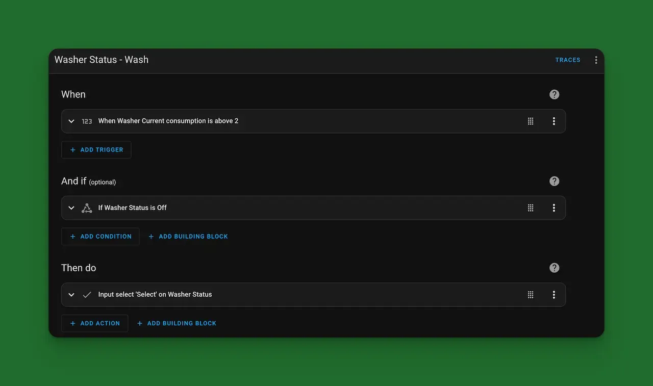 screenshot of the automation steps for washer status - wash in home assistant