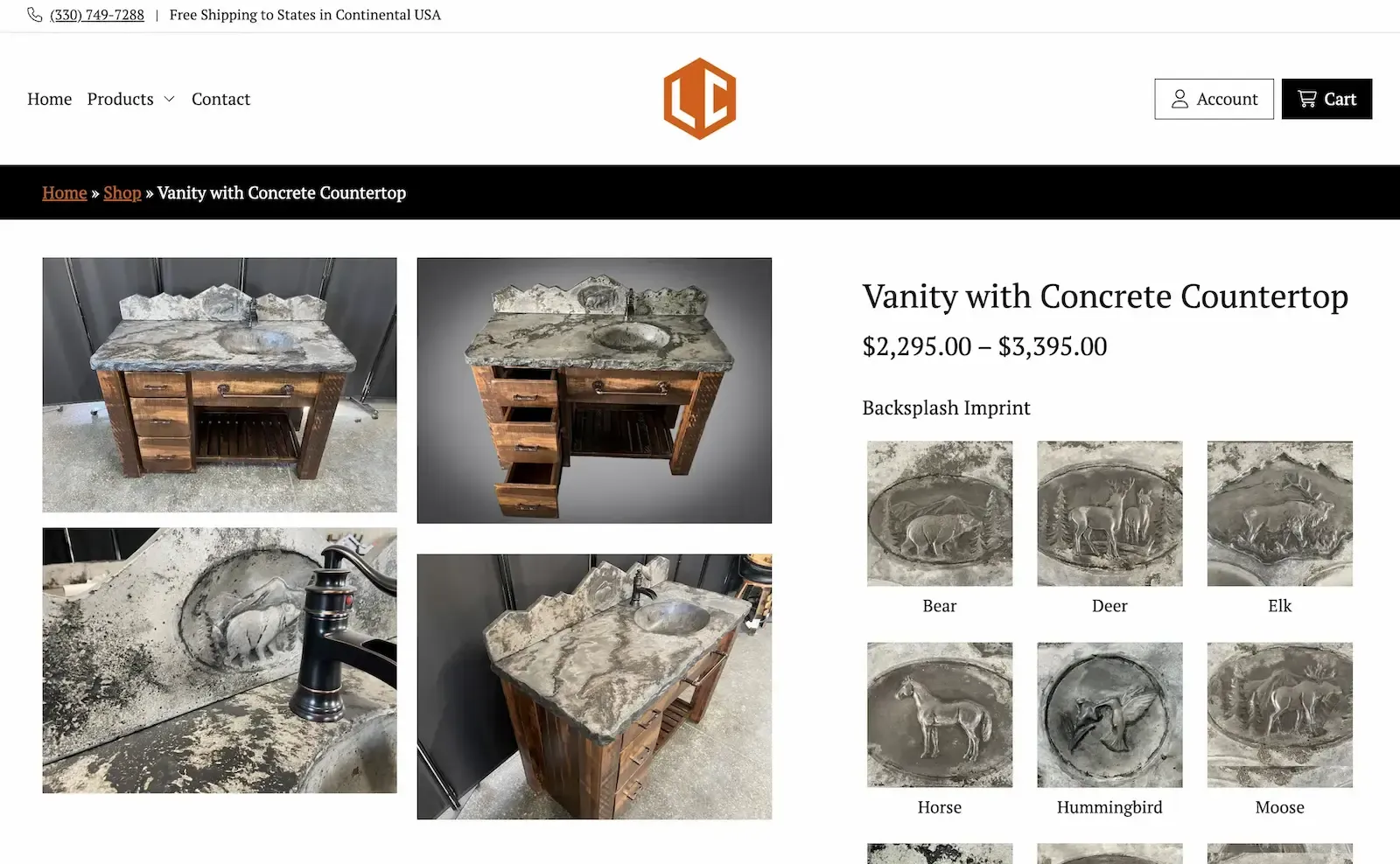 Product page on luxcretedesign.com for Vanity with Concrete Countertop
