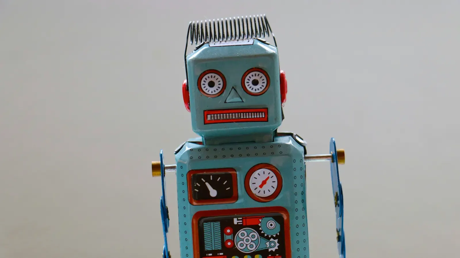 a blue robot featuring a clock on its body