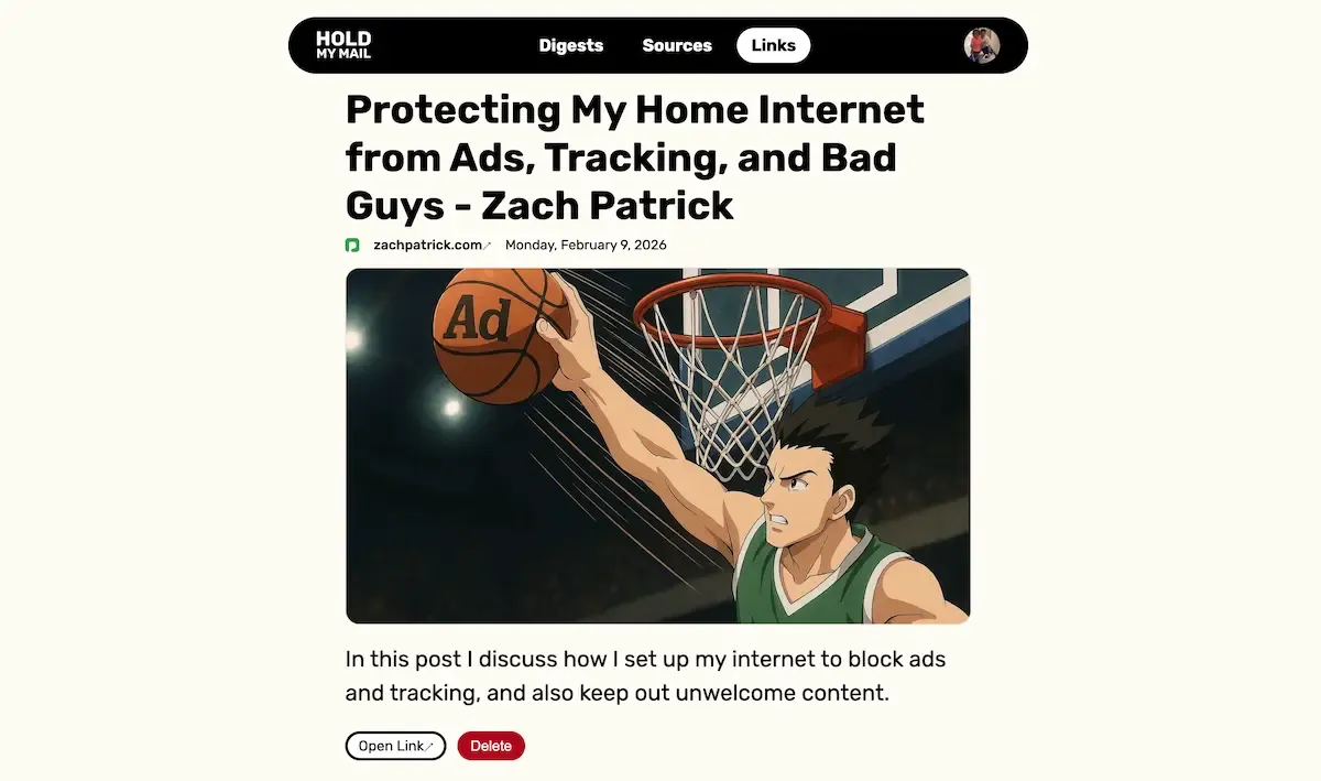 screenshot of a link page in hold my mail