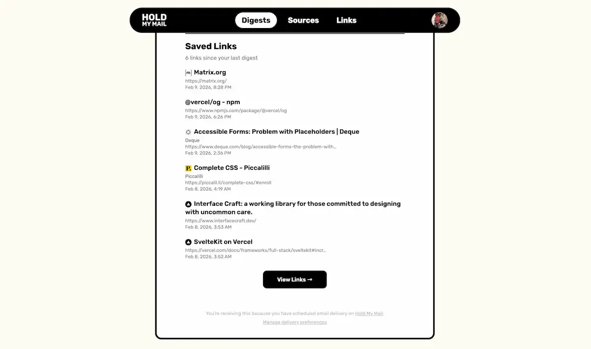 screenshot of a weekly email digest with a list of links