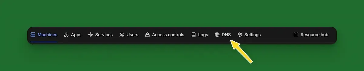a screenshot of the tailscale navigation with a yellow arrow pointing to DNS