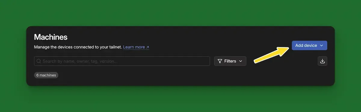 a screenshot of the tailscale machines dashboard with a yellow arrow pointing to a blue add device button